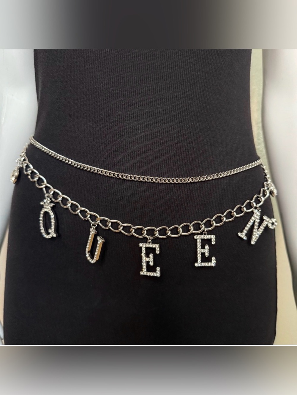 Silver tone layered charms with rhinestone details chain belt